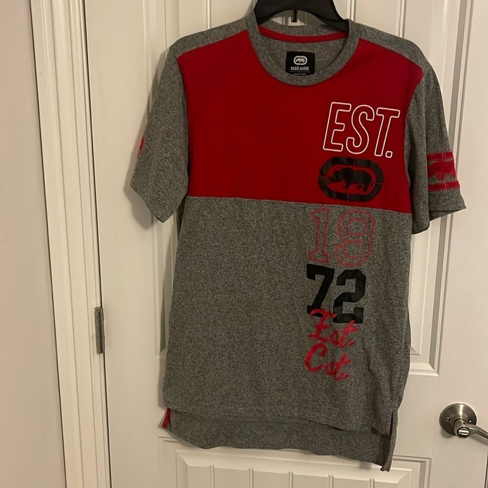 Ecko Unltd.‎ Men's Size Medium Gray & Red Logo Short Sleeve Shirt Rhino 1972